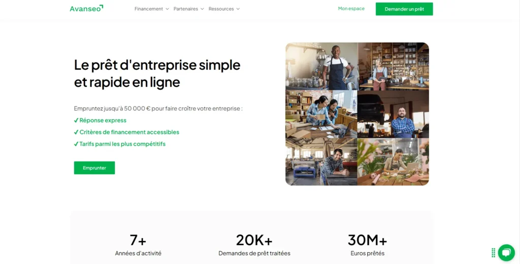 La page d'accueil d'Avanseo affiche un message clair sur l'obtention d'un prêt professionnel rapide et simple, avec une offre allant jusqu'à 50 000 €. À gauche, du texte en noir et vert met en avant une réponse express, des critères accessibles et des tarifs compétitifs, accompagné d’un bouton vert "Emprunter". À droite, un collage d’images montre plusieurs entrepreneurs de différents secteurs (commerce, artisanat, mécanique, fleuristerie), soulignant l’accessibilité des financements à divers profils d’entreprises.