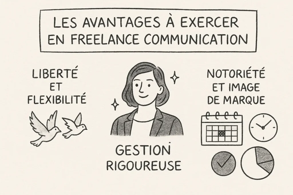 Une infographie dessinée à la main montre les avantages du freelance communication avec trois pôles : liberté et flexibilité illustrées par deux oiseaux, notoriété et image de marque par un calendrier et un graphique, et gestion rigoureuse par une femme souriante entourée d'icônes de planification et de réussite.
