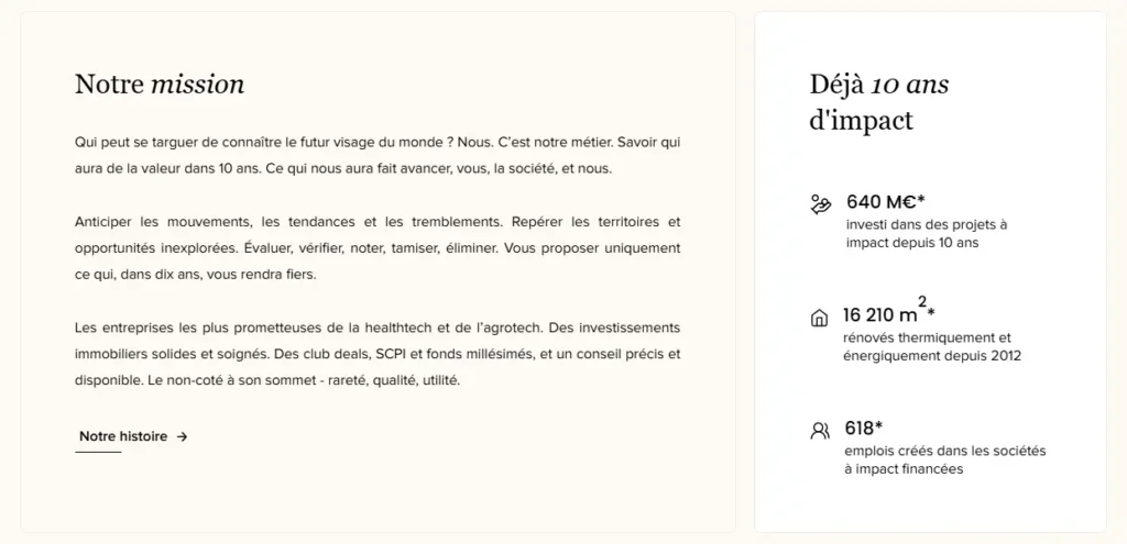 L'image présente la mission d'Anaxago et son impact après 10 ans d'activité. Anaxago se donne pour mission d’anticiper les tendances et d’identifier les opportunités d’investissement les plus prometteuses. Avec une approche rigoureuse, le groupe sélectionne des projets à fort impact dans la healthtech, l’agrotech et l’immobilier. Son objectif : bâtir un avenir durable en alliant performance et engagement.