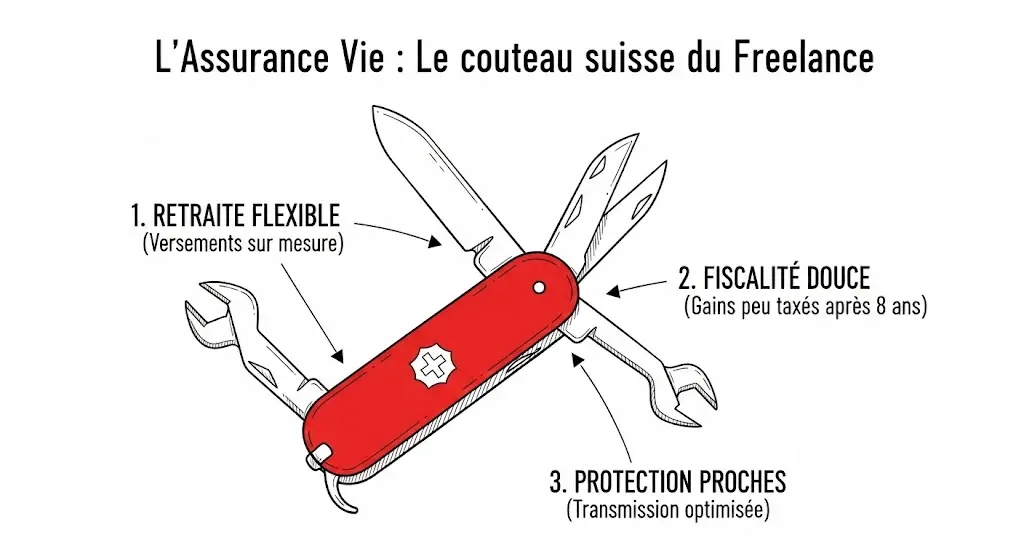 Une infographie dessinée à la main compare l'assurance vie à un couteau suisse pour les freelances. Le corps du couteau, rouge, est marqué "Assurance Vie" et trois de ses outils sont dépliés. Chaque outil représente un avantage clé : la retraite flexible, la fiscalité douce et la protection des proches.