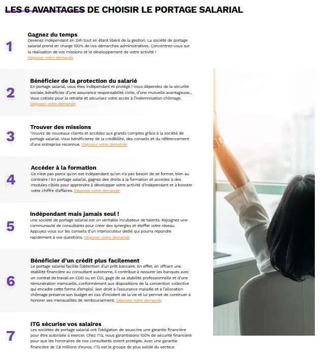 L'image présente les 6 avantages de choisir le portage salarial, illustrés par des icônes numérotées et des descriptions courtes. On y trouve : gagner du temps, protection du salarié, trouver des missions, accéder à la formation, indépendant mais jamais seul, et sécurité financière. À droite, une femme est assise face à une fenêtre, levant la main dans un geste dynamique et inspirant. Les bénéfices soulignent la simplicité, la sécurité et les opportunités offertes par le portage salarial.