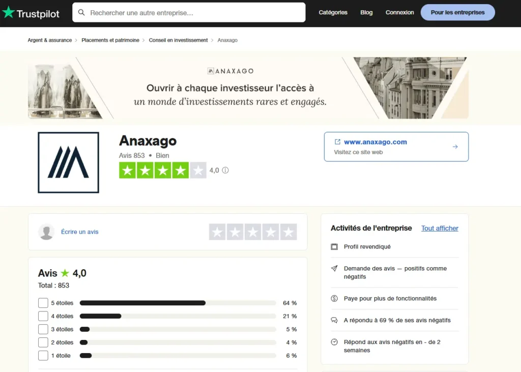 avis trustpilot anaxago, 853 avis pour une note de 4 étoiles sur 5