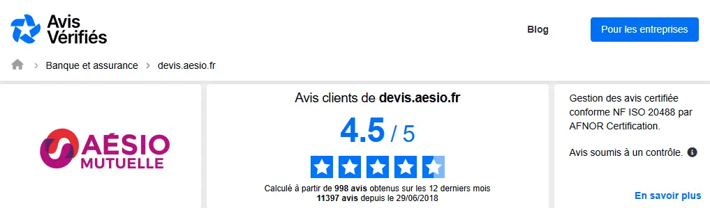 Screenshot du site internet de Avis Vérifiés sur les avis clients de Aesio