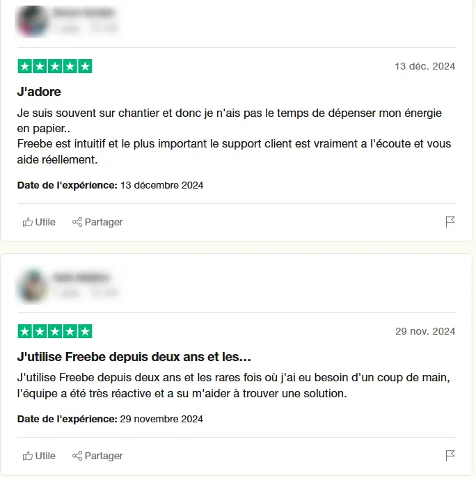 L’image montre deux avis positifs sur Freebe, publiés sur Trustpilot avec une note de 5 étoiles. Le premier utilisateur apprécie l'intuitivité du logiciel et la réactivité du support client, ce qui lui permet de gérer sa facturation facilement malgré son travail sur chantier. Le second utilisateur utilise Freebe depuis deux ans et souligne que l’équipe d’assistance est efficace et réactive en cas de besoin.