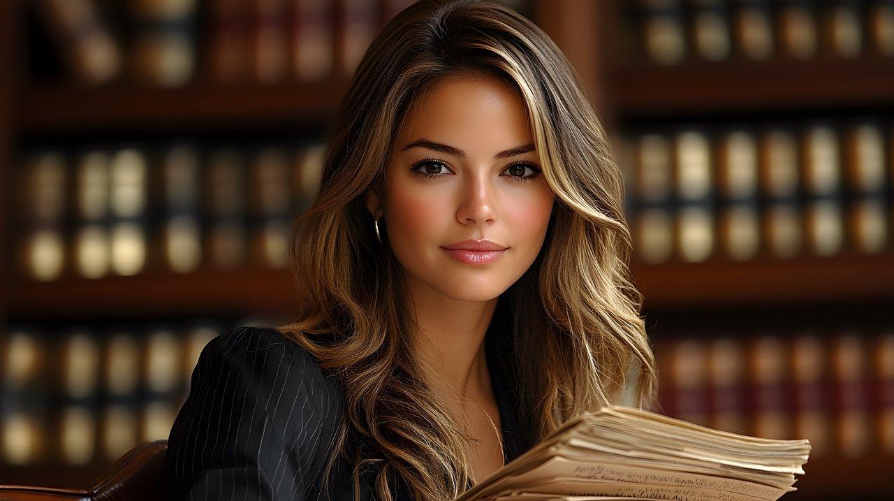 Avocate étudiant des dossiers, salle d'audience en arrière-plan, focus sur loi et justice.