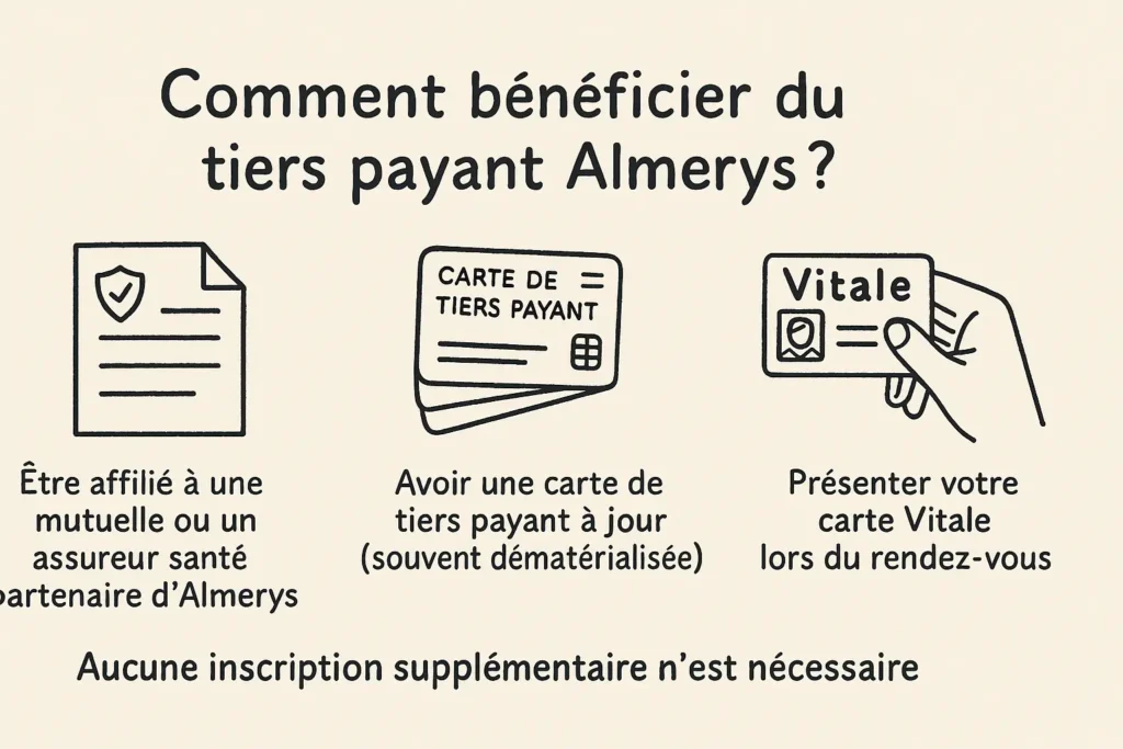 L’image affiche trois dessins en ligne : un contrat, une carte de tiers payant, et une carte Vitale tenue en main. Chacun est accompagné d’une phrase courte expliquant les étapes pour bénéficier du tiers payant Almerys. En bas, un message rassurant souligne qu’aucune inscription supplémentaire n’est nécessaire.