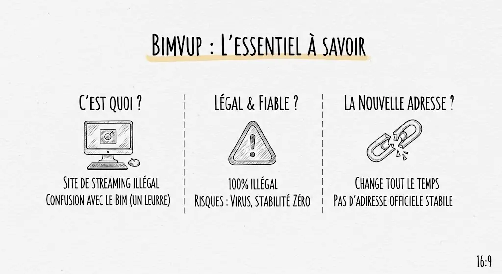 Une infographie au style de croquis dessiné à la main, qui résume les points clés sur Bimvup. Elle se divise en trois parties : ce que c'est, sa légalité et sa fiabilité, et la question de sa nouvelle adresse. Chaque section utilise des icônes simples et des textes courts pour illustrer la nature illégale du site et les risques associés.