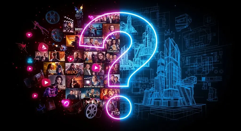 Une image conceptuelle montrant un grand point d'interrogation lumineux au centre sur un fond sombre. La moitié gauche du symbole est remplie d'images de cinéma et de streaming, tandis que la droite est composée de plans d'architecte bleus. L'ensemble évoque la dualité et la confusion entre le divertissement et le monde de la construction professionnelle