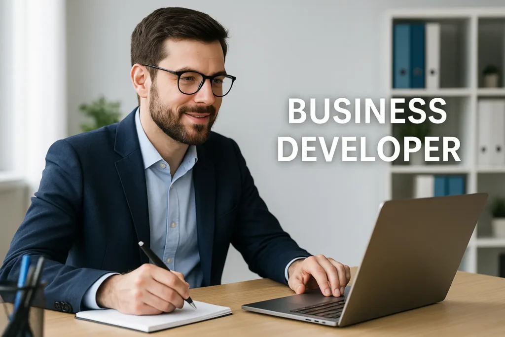 Un homme d’environ 30 ans, en costume bleu marine, travaille concentré sur son ordinateur portable dans un bureau lumineux et épuré. Il tient un stylo au-dessus d’un carnet posé sur un bureau en bois clair. En arrière-plan, on distingue des étagères blanches et une grande fenêtre laissant entrer la lumière naturelle.