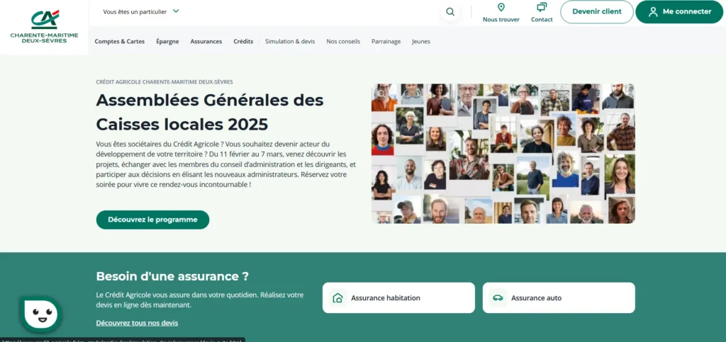 Cette image est une capture d'écran du site web du Crédit Agricole Charente-Maritime Deux-Sèvres. Elle met en avant les Assemblées Générales des Caisses locales 2026, avec une invitation aux sociétaires à participer. En bas, une section propose des services d’assurance habitation et auto avec un lien pour obtenir des devis.