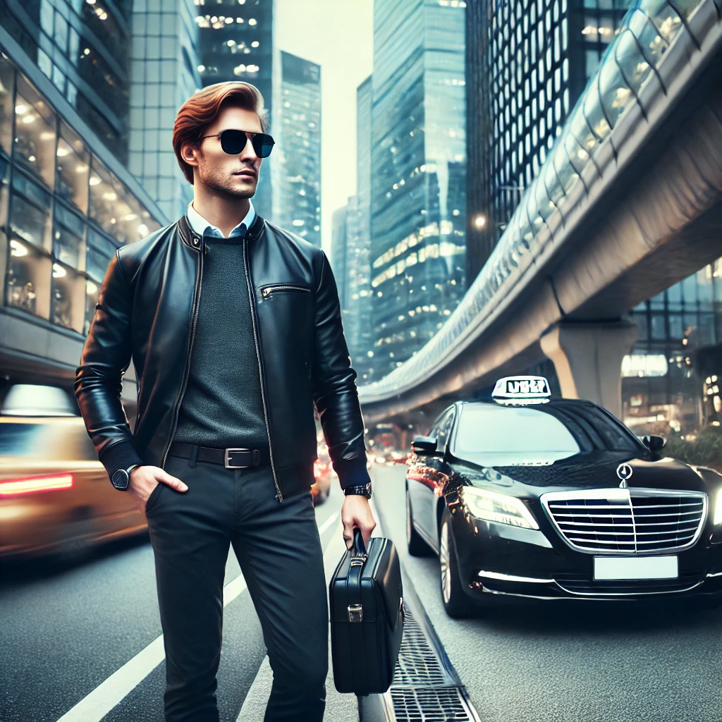 L'image représente un chauffeur freelance moderne dans un environnement urbain, debout avec assurance à côté de sa berline noire haut de gamme. Il porte une tenue élégante et décontractée, incluant une veste en cuir et des lunettes de soleil, illustrant son indépendance et son professionnalisme. En arrière-plan, une ville animée avec des voitures en mouvement flou renforce l'idée d'un métier dynamique et flexible.