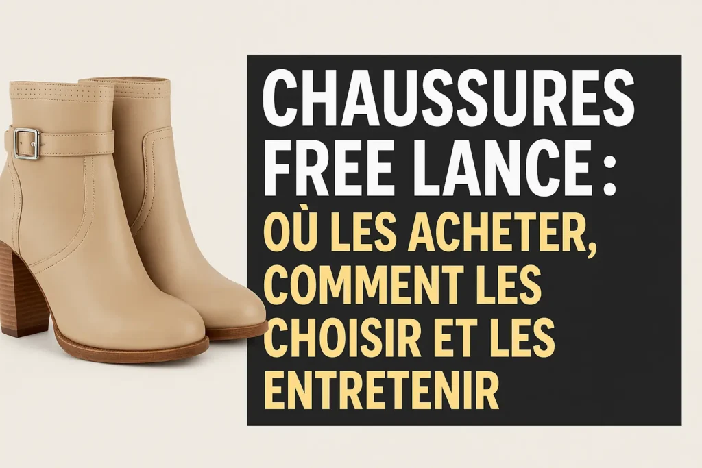 L’image montre une paire de bottines beige Free Lance à talons épais, placée à gauche. À droite, un fond noir porte le titre “CHAUSSURES FREE LANCE : OÙ LES ACHETER, COMMENT LES CHOISIR ET LES ENTRETENIR” écrit en lettres blanches et jaunes. Le contraste attire immédiatement l’œil sur les questions-clés abordées dans l’article