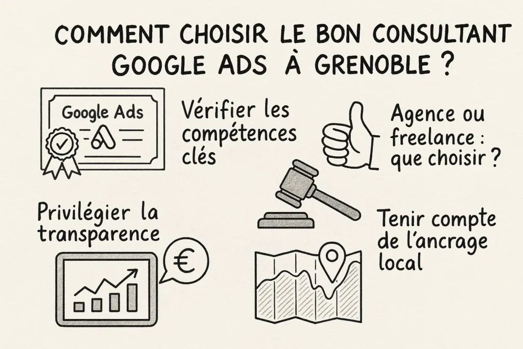 L’infographie présente quatre encadrés dessinés à la main sur fond texturé : une certification Google Ads pour les compétences clés, un pouce levé pour le choix entre agence ou freelance, un graphique avec bulle euro pour la transparence, et une carte avec un point de localisation pour l’ancrage local. Le tout est structuré de manière simple et immédiate.