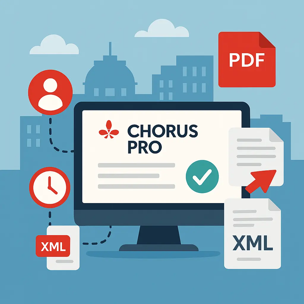 Illustration colorée d’un ordinateur affichant l’interface de Chorus Pro, entouré d’icônes symbolisant les formats de facture électroniques (PDF, XML). En arrière-plan, des bâtiments publics stylisés évoquent le lien avec l’administration. L’ensemble dégage une ambiance moderne, fluide et professionnelle.