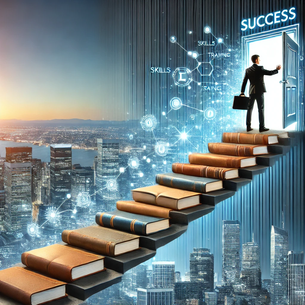 Un individu gravit un escalier fait de livres, symbolisant l'acquisition de compétences et d'expérience. À l'arrière-plan, une ville d'entreprises représente les opportunités de carrière. En haut des marches, une porte lumineuse marquée "Succès" illustre l'objectif à atteindre.
