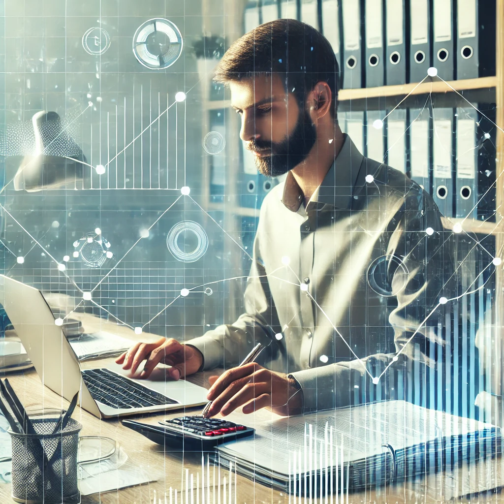 Un micro-entrepreneur est assis à un bureau, analysant des graphiques financiers et des documents sur un ordinateur portable. À l'arrière-plan, des étagères bien rangées avec des dossiers organisés reflètent la structure et la rigueur. L'image illustre la gestion professionnelle et efficace des finances dans le cadre d'une activité indépendante.