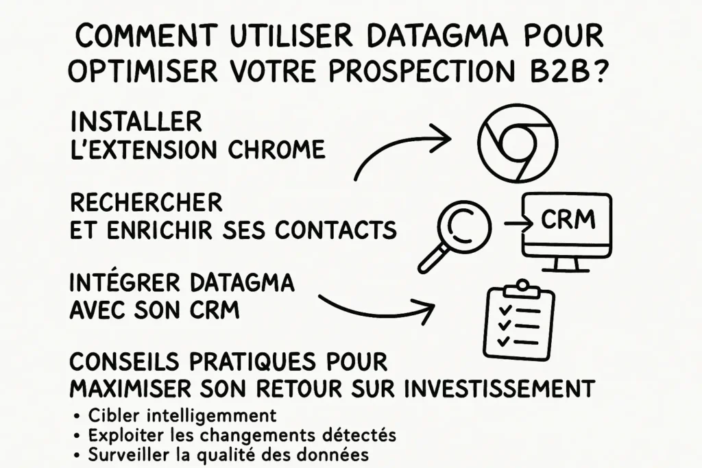 L’image montre quatre étapes clés pour bien utiliser Datagma : installer l’extension Chrome, rechercher et enrichir les contacts, connecter l’outil à son CRM, et appliquer des conseils pratiques. Chaque point est accompagné d’un dessin simple style croquis noir. Le tout est clair, structuré et facile à comprendre en un clin d’œil.