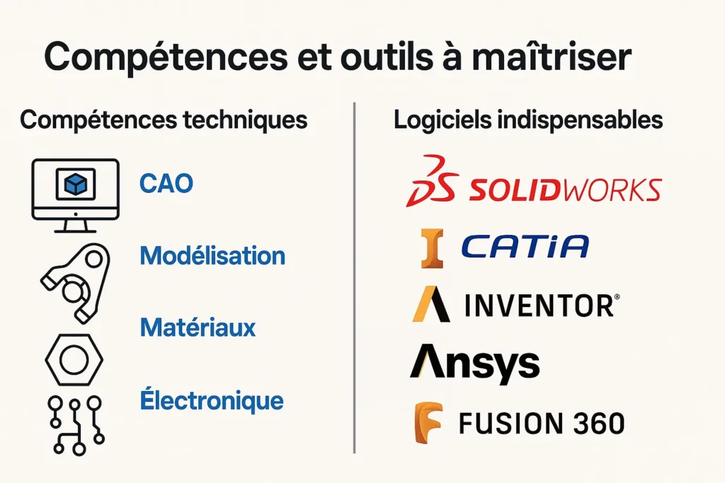 L’image est divisée en deux colonnes : à gauche, des pictogrammes illustrent les compétences clés (CAO, modélisation, matériaux, électronique) ; à droite, les noms des logiciels indispensables comme SolidWorks, Catia ou Inventor sont affichés avec leurs logos. L’ensemble est structuré, clair, et compréhensible en un instant.