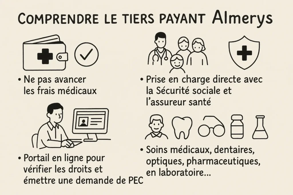 L’image présente quatre illustrations dessinées à la main avec des légendes claires. On y voit un portefeuille médical, un professionnel sur un ordinateur, des patients avec un médecin, et des icônes de soins (dent, lunettes, flacons). Les messages clés sont : ne pas avancer les frais, prise en charge directe, portail en ligne, et diversité des soins couverts.