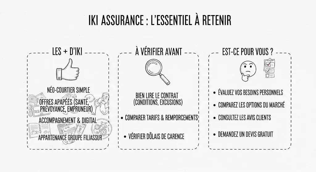 Infographie style carnet de notes, titrée "IKI Assurance : L'Essentiel à Retenir". Trois colonnes distinctes : "Les + d'IKI" (avantages), "À Vérifier Avant" (vigilance), "Est-ce pour Vous ?" (décision). Chaque section utilise des icônes principales (pouce, loupe, penseur) et des listes de points clés esquissés.