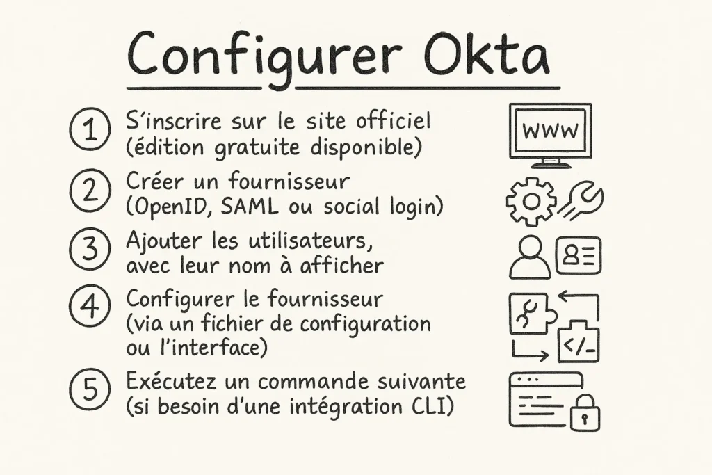 L’image présente une infographie dessinée à la main listant les étapes pour configurer Okta. Chaque étape est numérotée et accompagnée d’une icône visuelle : inscription, création de fournisseur, ajout d’utilisateurs, configuration technique, et exécution de commande. Le style est simple, clair et structuré pour guider rapidement le lecteur.