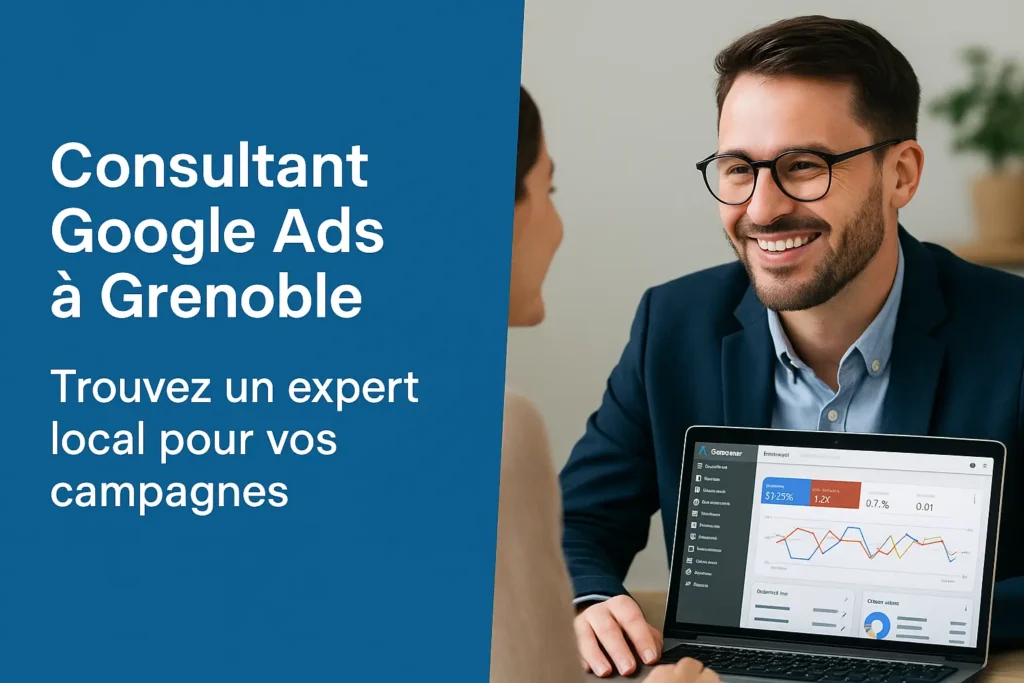 Une image en 16:9 avec, à gauche, un encadré bleu où l’on lit “Consultant Google Ads à Grenoble – Trouvez un expert local pour vos campagnes”. À droite, un homme souriant montre des statistiques Google Ads sur un ordinateur portable à une cliente. L’ensemble évoque la confiance, la clarté et l’accompagnement personnalisé