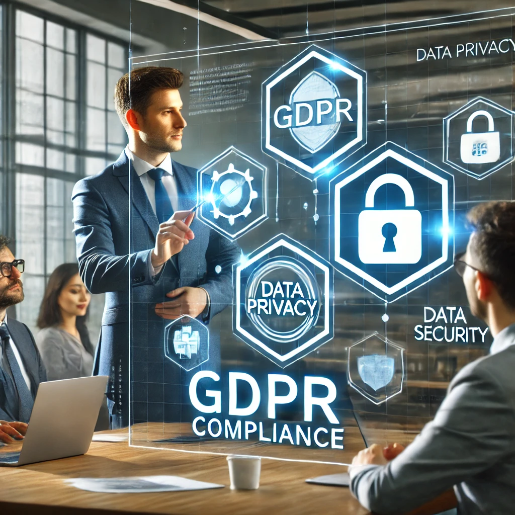 L’image montre un consultant RGPD animant une réunion sur la mise en conformité des données dans une entreprise. L’écran de présentation affiche des icônes de cybersécurité, des symboles juridiques et un bouclier de protection avec la bonne orthographe de RGPD. L’atmosphère est moderne et professionnelle, soulignant l’importance de la sécurité numérique et de la protection des données personnelles.