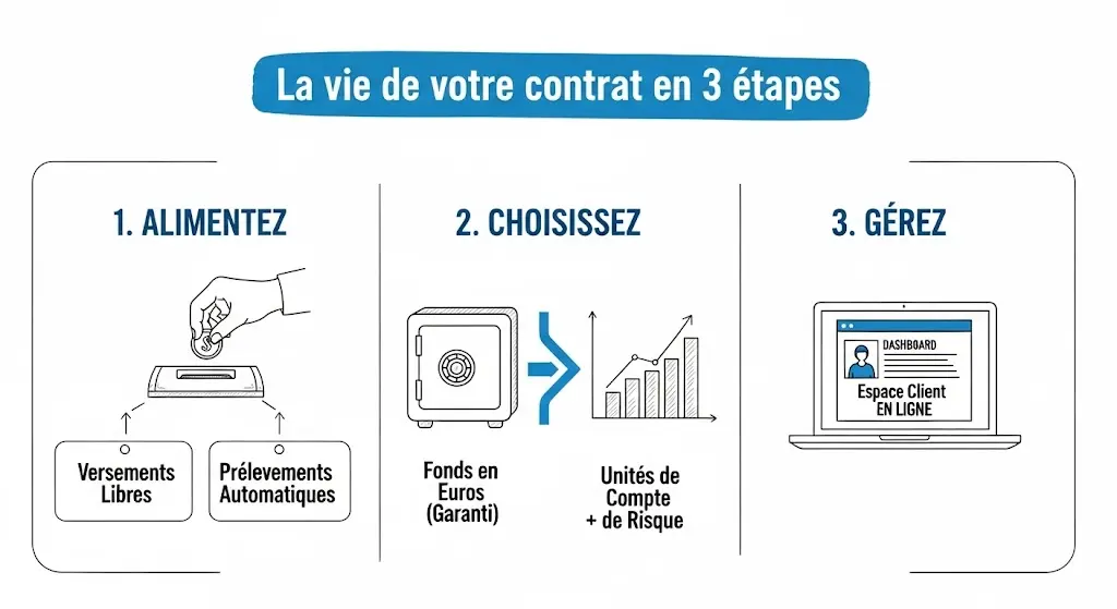 Une infographie dessinée à la main présente la gestion d'un contrat en trois étapes simples. Les étapes sont : 1. Alimentez (avec des versements), 2. Choisissez (entre Fonds Euros et Unités de Compte). Et 3. Gérez (via l'espace client en ligne), chaque étape étant illustrée par un dessin clair et simple.