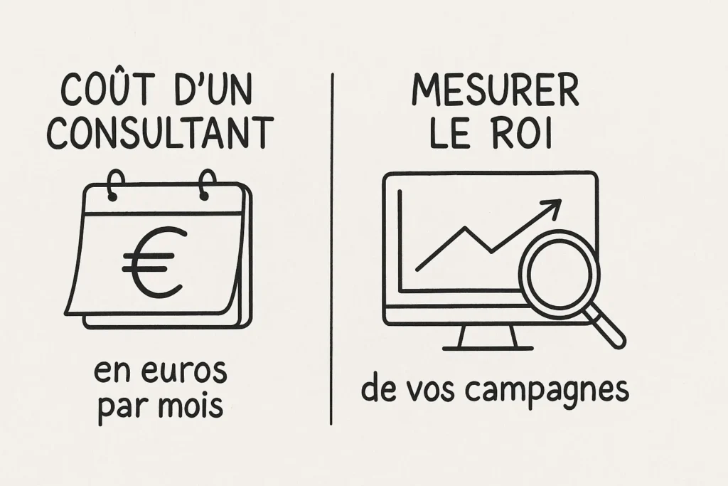 L’infographie affiche deux blocs : à gauche, un calendrier avec le symbole euro évoque le coût mensuel du consultant. À droite, un écran avec une courbe montante et une loupe illustre le suivi du retour sur investissement (ROI). Le style dessiné à la main rend l’information immédiate, lisible et engageante.