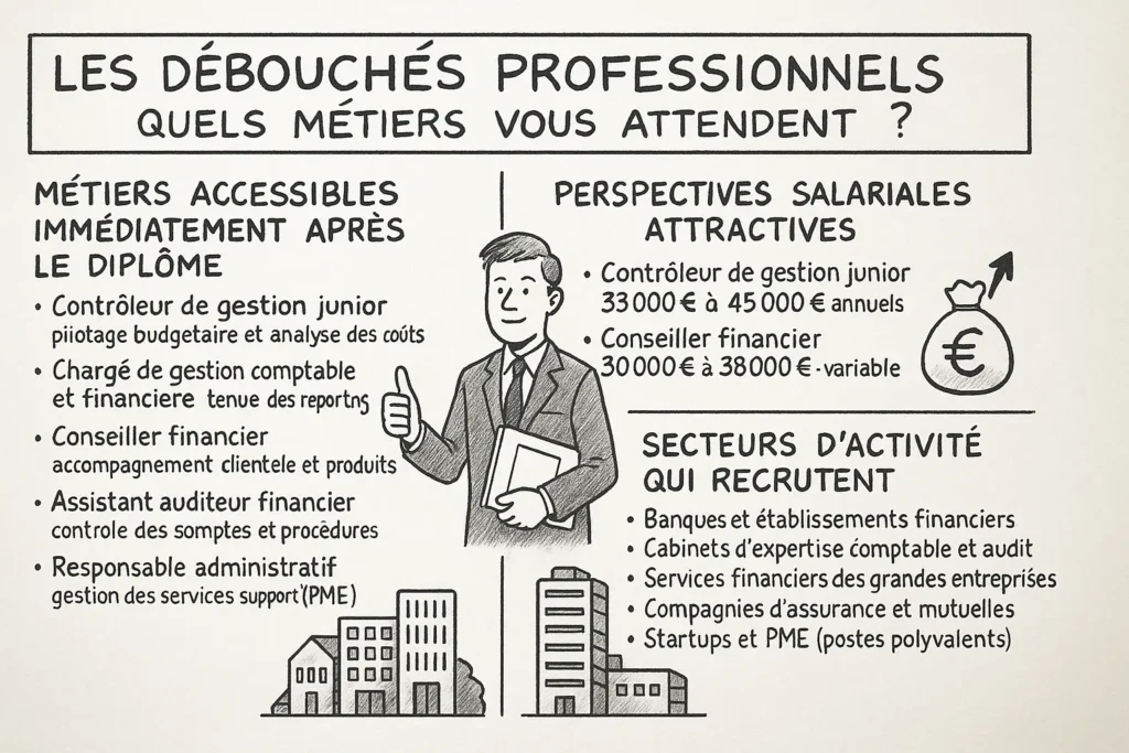 L’infographie montre un étudiant en costume tenant un dossier, entouré de listes de métiers accessibles après le diplôme, de salaires indicatifs et de secteurs qui recrutent. À gauche, des bâtiments représentent les entreprises. À droite, une icône de sac d’argent avec une flèche illustre les perspectives salariales.