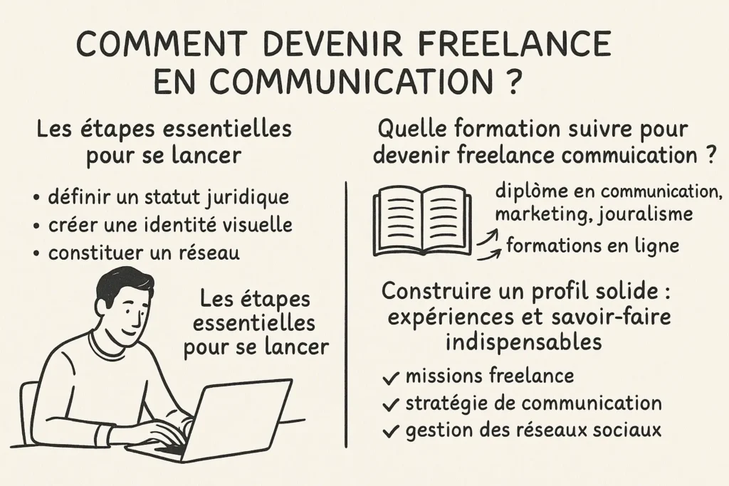 Une infographie dessinée à la main explique comment devenir freelance en communication, avec trois étapes clés : définir son statut juridique, créer une identité visuelle et constituer un réseau. À droite, un livre ouvert illustre les formations nécessaires, et une liste coche les compétences essentielles : missions freelance, stratégie de communication et gestion des réseaux sociaux.