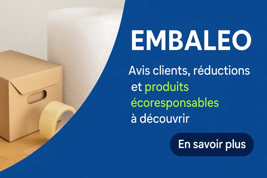 L’image est divisée en deux. À gauche, on voit un carton, un rouleau de bulle et du ruban adhésif beige, posés sur un bureau clair. À droite, un fond bleu met en avant le texte "Embaleo - Avis clients, réductions et produits écoresponsables à découvrir", avec un bouton cliquable "En savoir plus". L’image est claire, directe, et évoque l’univers de l’emballage de manière professionnelle et écologique.