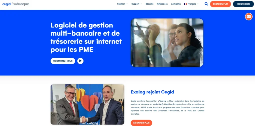 L’image montre la page d’accueil du site Cegid Exabanque, un logiciel de gestion multi-bancaire et de trésorerie destiné aux PME. Le fond bleu met en avant un texte principal accompagné d’une photo où des professionnels collaborent devant un tableau en verre. En dessous, une section annonce l’acquisition d’Exalog par Cegid, illustrée par une photo de deux hommes en costume se serrant la main.