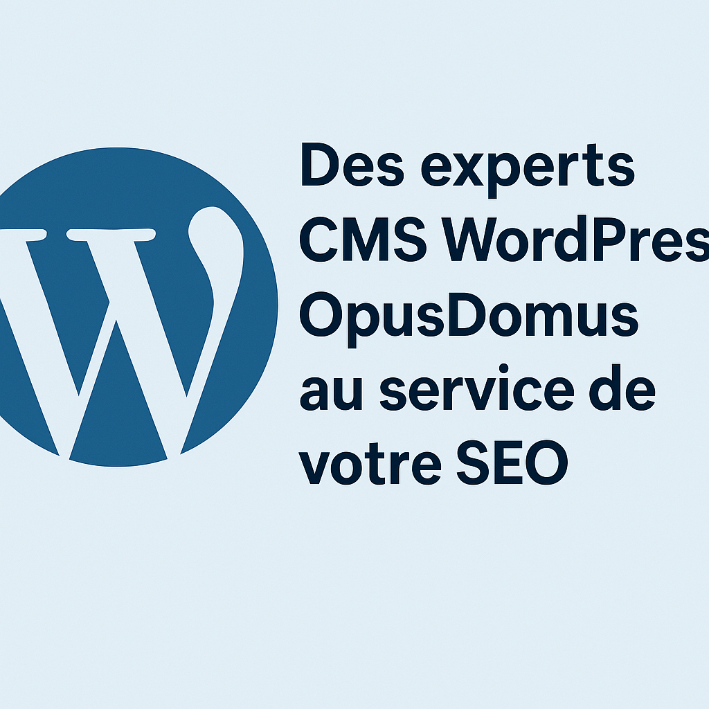 L’image montre le logo WordPress en bleu à gauche, avec la lettre "W" blanche dans un cercle. À droite, on lit la phrase “Des experts CMS WordPress OpusDomus au service de votre SEO” en trois lignes bien espacées. Le tout est sur un fond bleu clair, dans un style moderne et professionnel.
