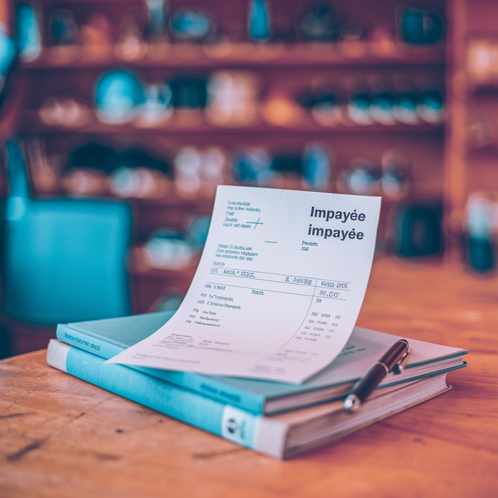 Une facture marquée "Impayée" est posée sur deux livres empilés sur une table en bois. Un stylo est posé à côté, suggérant une tentative de règlement ou de relance. En arrière-plan, des étagères floues contenant divers objets évoquent un cadre de bureau ou de commerce.