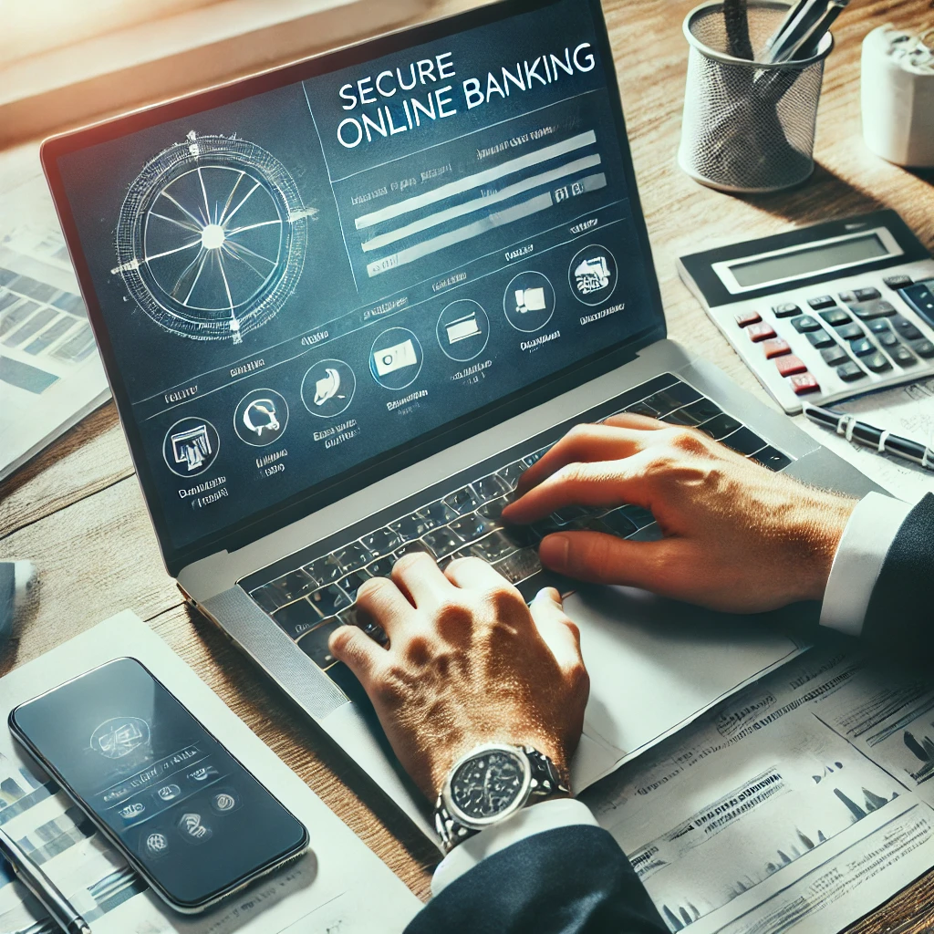 Un bureau professionnel avec un ordinateur portable affichant une interface de banque en ligne sécurisée. Les mains d’un entrepreneur sont visibles, en train de gérer des transactions financières. Autour, des documents, un smartphone et une tasse de café renforcent l’ambiance d’un espace de travail organisé et productif.