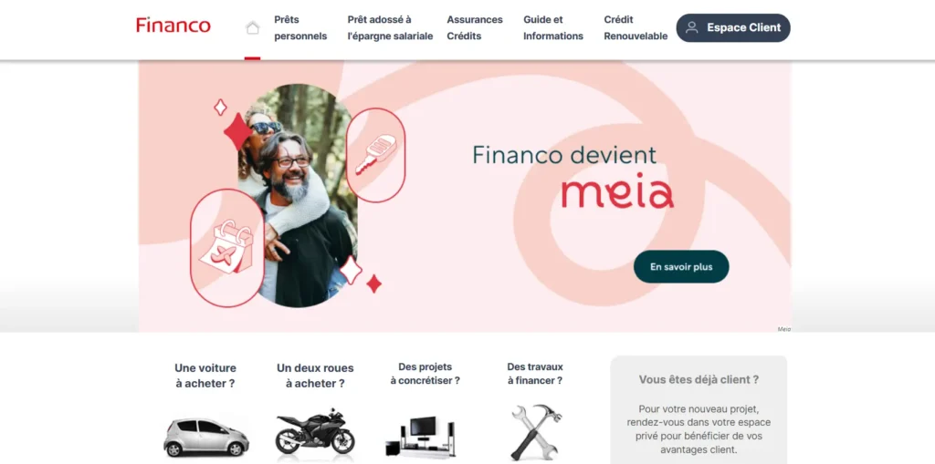 L’image montre la page d’accueil du site de Financo, annonçant son changement de nom en Meia. La bannière principale affiche un visuel chaleureux avec un couple souriant, accompagné d’icônes représentant une clé et un sac de shopping. En bas, plusieurs options de financement sont mises en avant, comme l’achat d’une voiture, d’un deux-roues, le financement de projets ou de travaux.