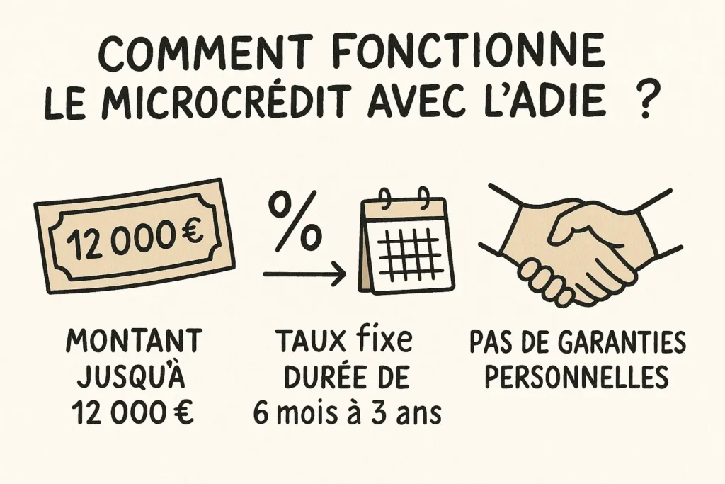 L’image présente trois éléments visuels : un billet de 12 000 €, un calendrier associé à un pourcentage, et une poignée de main. En dessous, les textes précisent les conditions du microcrédit : montant jusqu’à 12 000 €, taux fixe remboursable en 6 mois à 3 ans, sans garanties personnelles.