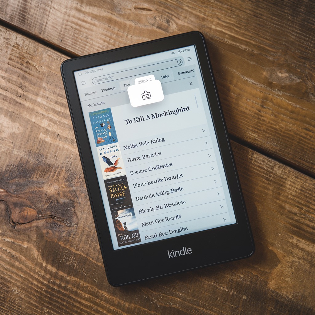 L’image montre une liseuse Kindle posée sur une table en bois, affichant une bibliothèque numérique avec plusieurs livres, dont "To Kill a Mockingbird". L’écran présente une liste de titres avec des couvertures colorées sur le côté gauche. L’interface est épurée, et une icône flottante en haut semble indiquer une action ou une notification.