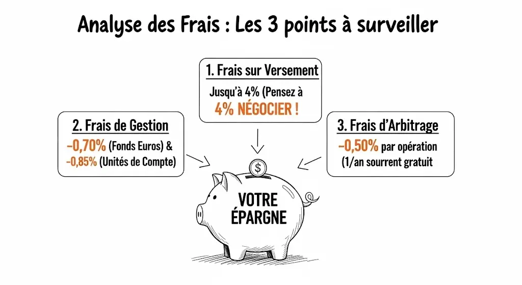 Une infographie dessinée à la main, intitulée "Analyse des Frais", montre une tirelire au centre. Trois flèches partent de la tirelire et pointent vers les trois types de frais : sur versement, de gestion et d'arbitrage. Chaque type de frais est détaillé avec ses pourcentages clés et des conseils, comme celui de négocier les frais d'entrée.