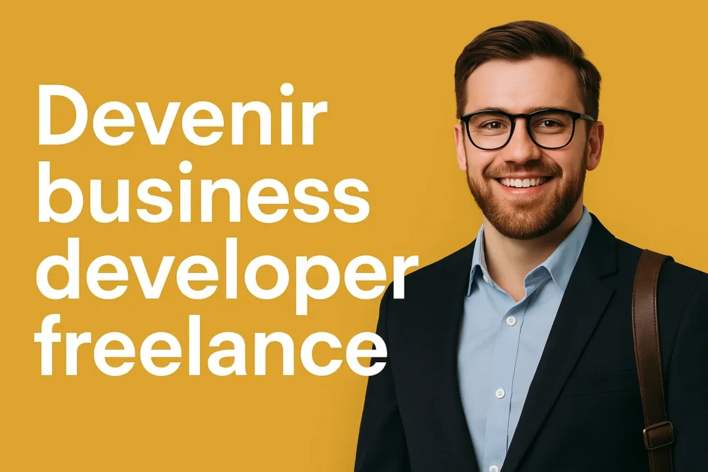 Un homme jeune en veste de costume bleu marine, barbe courte et lunettes, se tient de profil, confiant. Il est sur un fond jaune moutarde uni, avec un texte blanc qui dit "Devenir business developer freelance". L’ambiance est professionnelle, moderne et épurée.