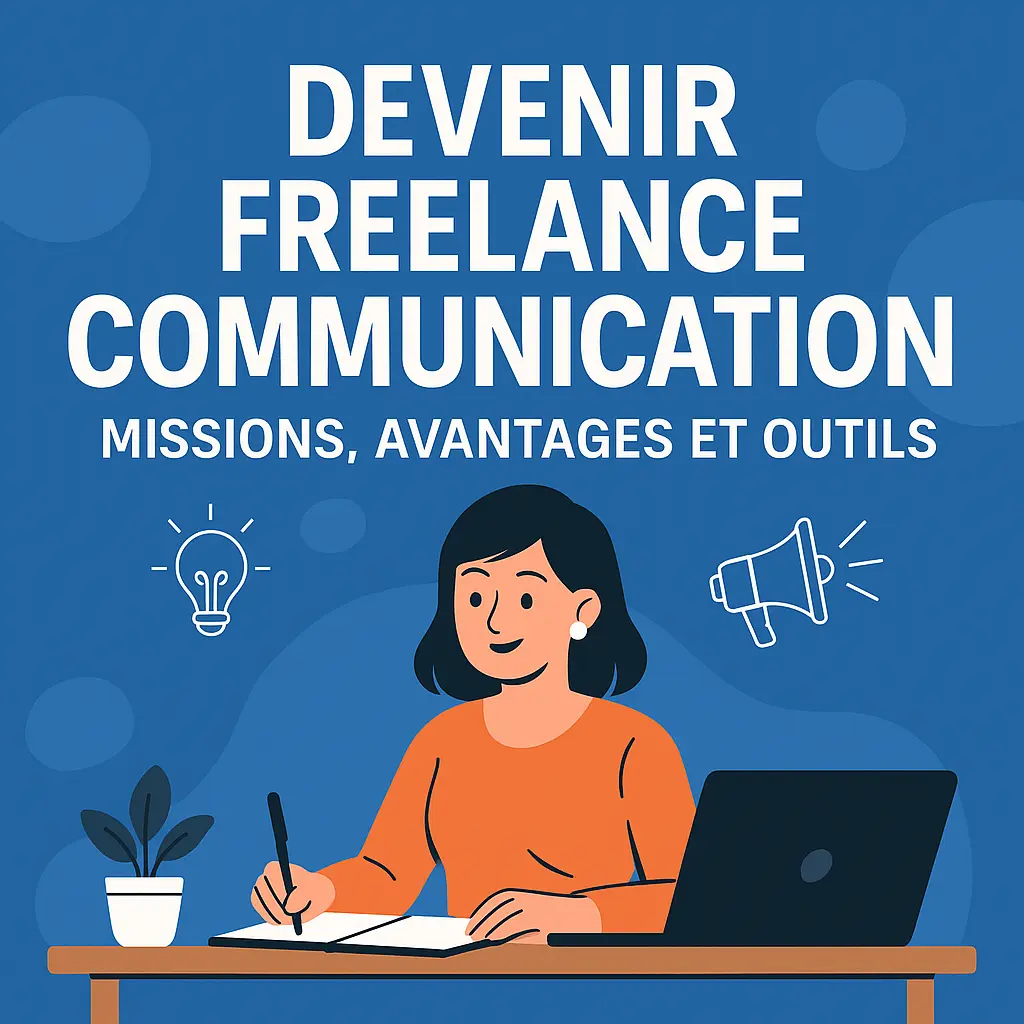 Une jeune femme souriante travaille sur son ordinateur portable dans un bureau épuré, avec une ampoule et un mégaphone flottant en icônes autour d’elle. Le fond est bleu vif, avec de grandes lettres blanches indiquant « Devenir freelance communication ». L'image respire l'énergie, la simplicité et donne immédiatement envie d’en savoir plus.