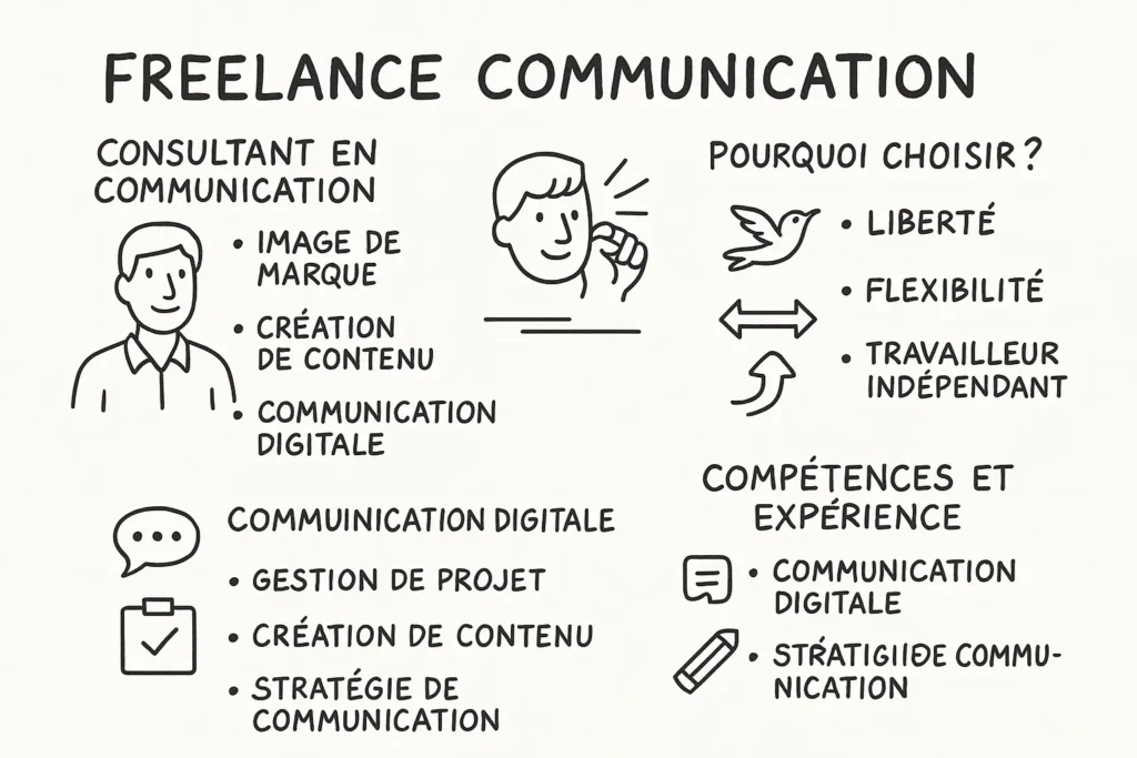 Une infographie dessinée à la main présente un consultant en communication avec des points clés comme « image de marque », « création de contenu », et « communication digitale ». À droite, des icônes illustrent les avantages du freelancing : liberté, flexibilité, indépendance, et les compétences essentielles en communication digitale et stratégie de communication. L’ensemble est clair, aéré et immédiatement compréhensible.