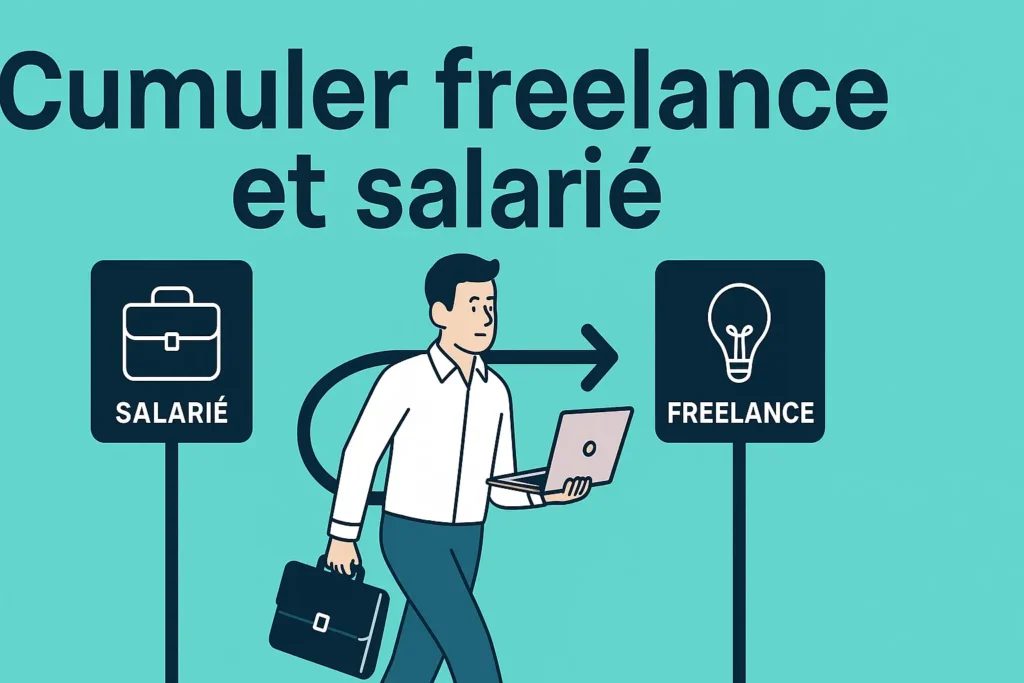 Un homme avance en tenant une mallette et un ordinateur, pris entre deux panneaux : "Salarié" à gauche, illustré par une mallette, et "Freelance" à droite, représenté par une ampoule. Une grande flèche noire indique la direction du freelance, symbolisant un choix de trajectoire. L’image suggère clairement le dilemme entre stabilité et indépendance.