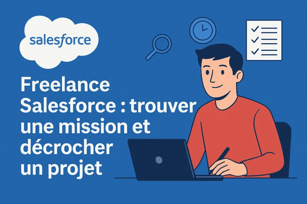 Illustration numérique d’un freelance souriant travaillant à son bureau, entouré d’icônes représentant la gestion de projet, les missions et le temps. Le logo Salesforce est bien visible sur un fond bleu profond. L’image évoque la recherche de missions dans l’écosystème Salesforce en freelance.