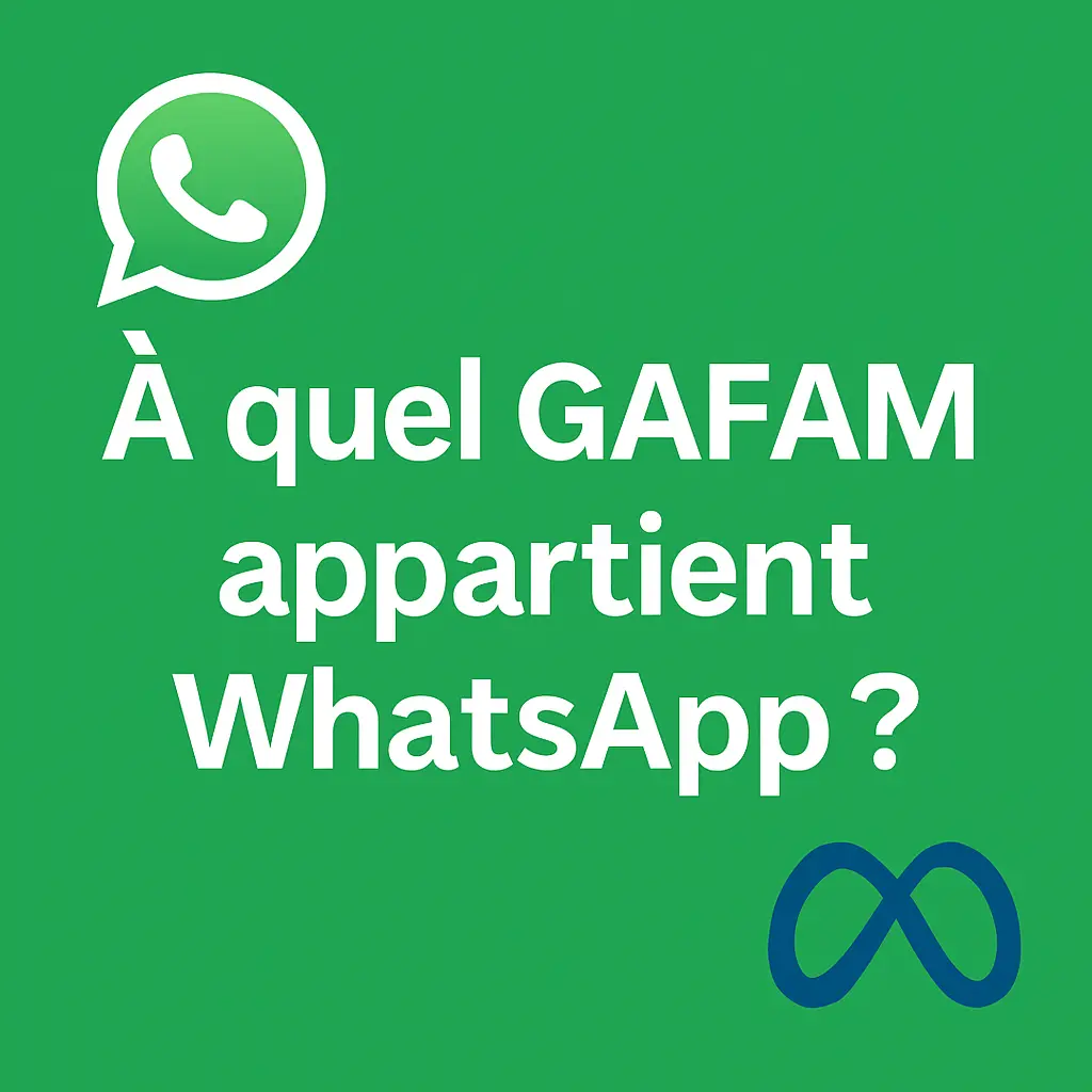 Une question en grand texte blanc « À quel GAFAM appartient WhatsApp ? » est centrée sur un fond vert uni. Le logo WhatsApp est placé en haut à gauche, et celui de Meta en bas à droite. L’image capte immédiatement l’attention par sa simplicité et sa lisibilité.
