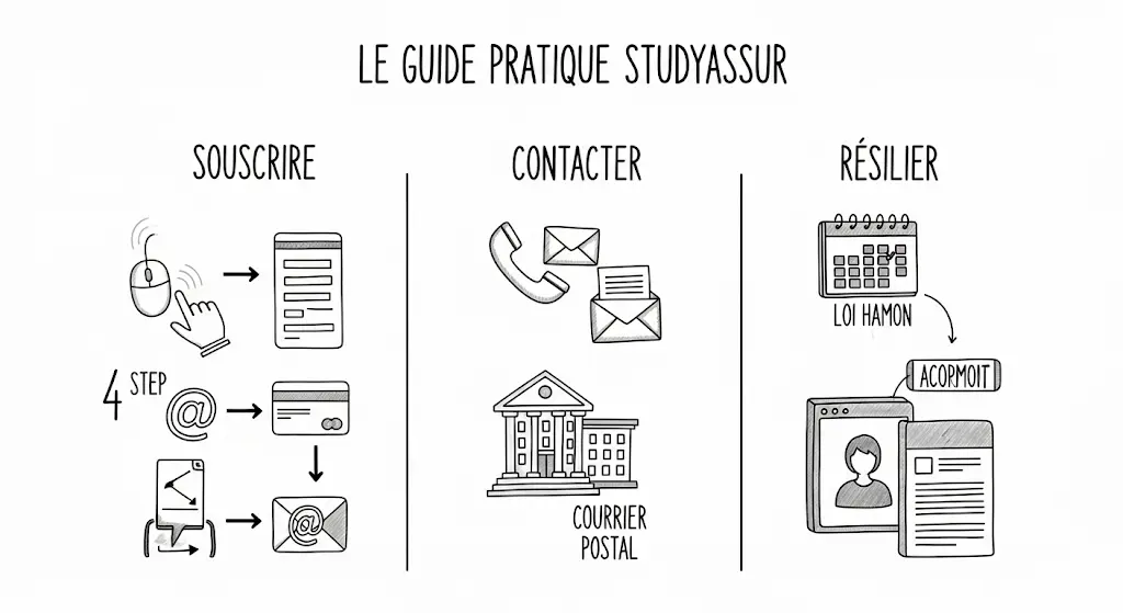 Une infographie dessinée à la main explique comment souscrire, contacter et résilier chez Studyassur. Chaque action est représentée par une colonne verticale avec des icônes claires et des titres. Le style visuel est simple, rendant les démarches faciles à comprendre.