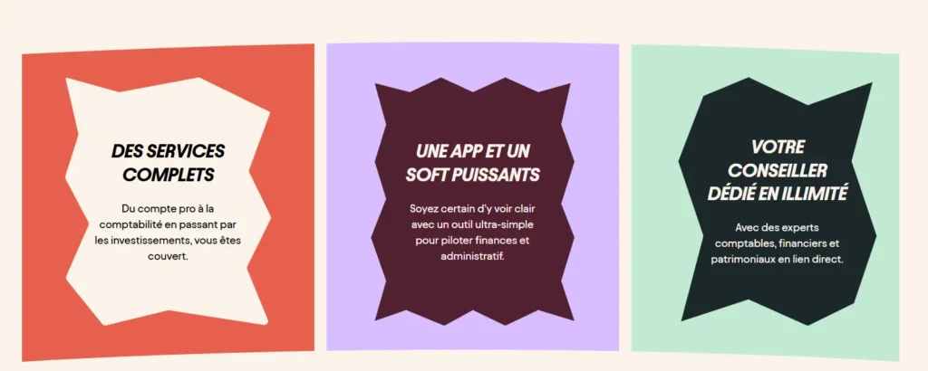 L'image met en avant trois atouts principaux de Hiway : des services complets couvrant comptabilité et investissements, une app intuitive pour piloter finances et administratif, et un conseiller dédié en illimité, expert en gestion comptable et patrimoniale. Les blocs colorés (rouge, violet, vert) renforcent la lisibilité et l’impact visuel.