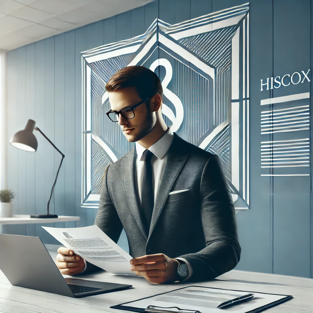 L'image montre un professionnel dans un bureau moderne, analysant des documents sur un ordinateur portable. Des éléments subtils, comme des formulaires d'assurance et un logo inspiré de "Hiscox", renforcent l'idée de fiabilité. Les tons bleu et gris apportent une sensation de sérénité et de professionnalisme.