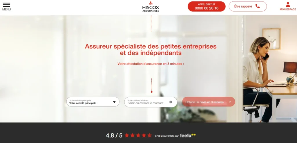 Cette image montre la page d'accueil du site d'assurance Hiscox. Au centre, un message en rouge indique que l'assureur est spécialisé pour les petites entreprises et les indépendants, avec une promesse d'attestation en 3 minutes. À droite, une femme est assise à un bureau, au téléphone, devant un ordinateur portable.